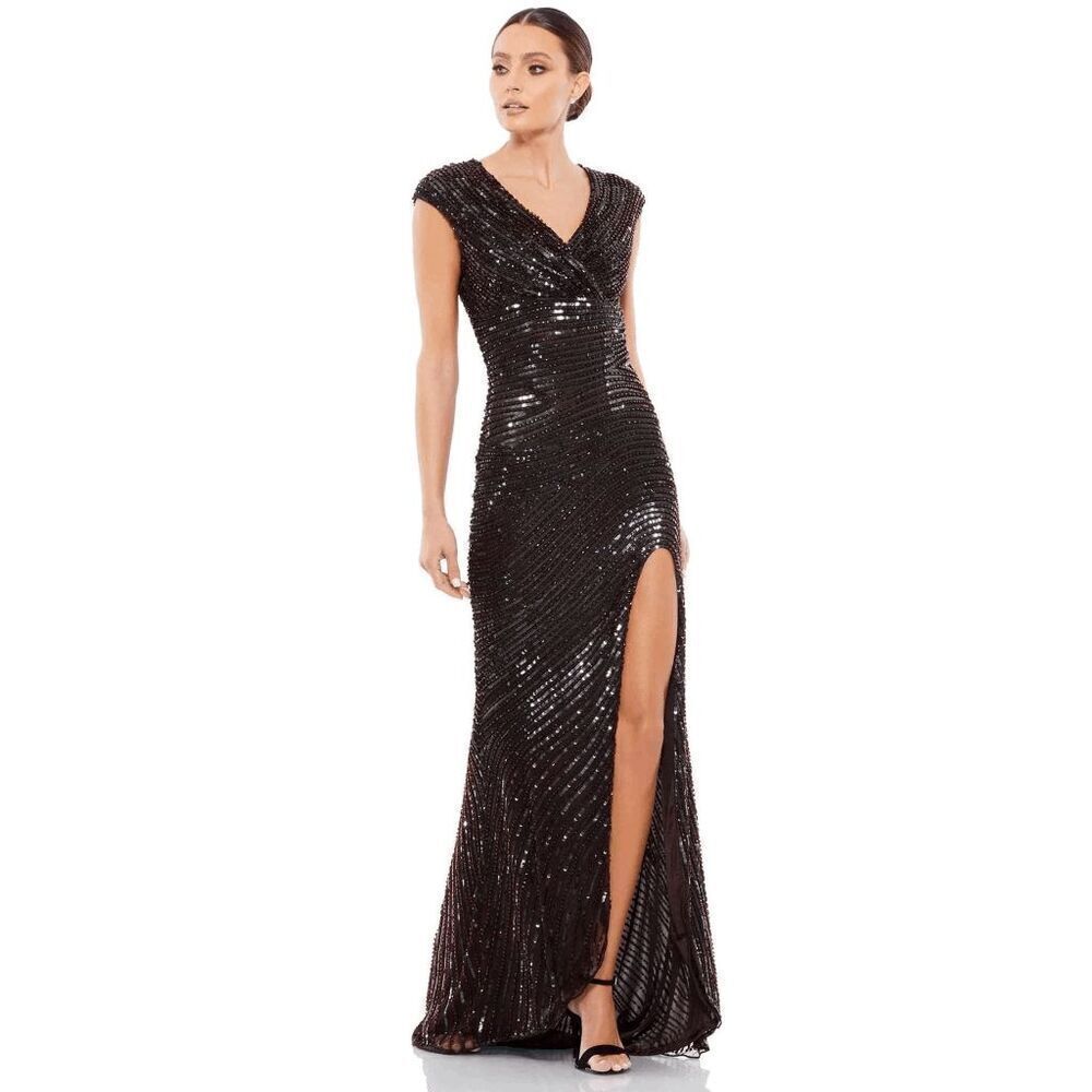 Mac Duggal 5441 Elegant Sequined Side Slit Formal Gown Brown Black Size 12